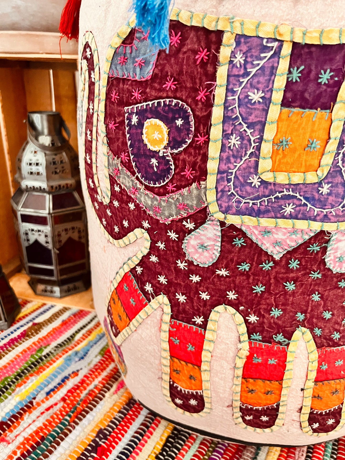 Pink Handmade Fair Trade Patchwork Elephant Pouffe Footstool Bohemian Hippie Floor Seat Pink