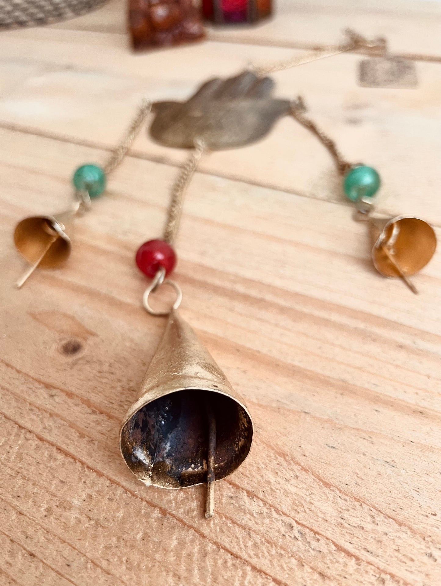 Hamsa Hand of Fatima rustic gold Indian bells with colourful beads indoor wind chime bells boho hippie home decor bells hanging chime bells, handmade recycled fair trade ethically sourced boho hippie home decor bells