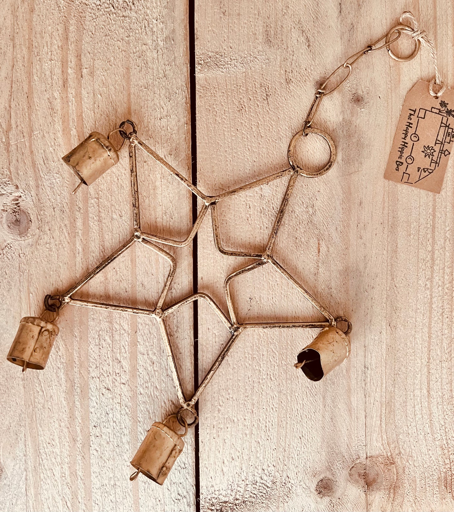 Recycled metal brass gold hanging star bells wind chime for indoor outdoor home & garden boho hippie chime bells, Gold star bells chime