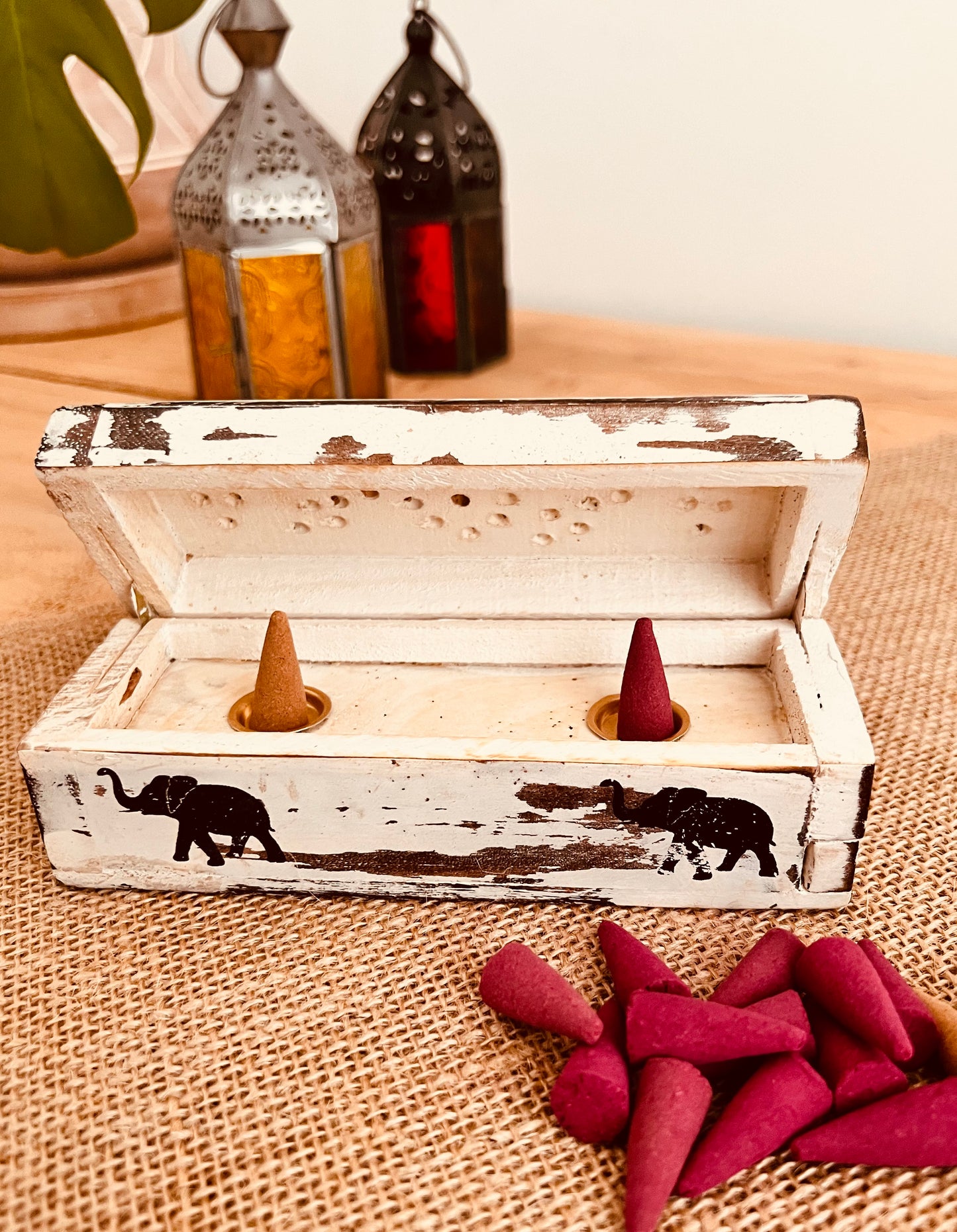 White washed small wooden incense cone burner box incense holder handmade fair trade ethically sourced incense cone box