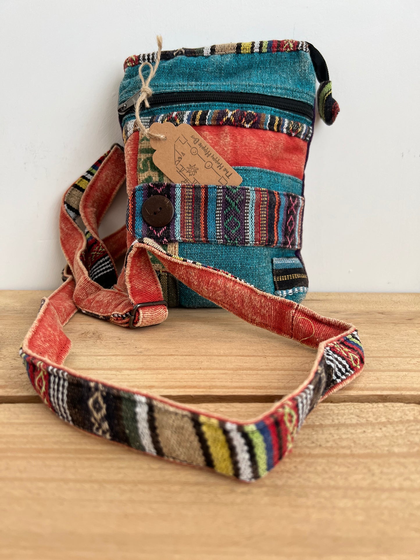 Handmade Fair Trade Ethically Sourced Bohemian Shoulder Passport Bag Green Blue Black