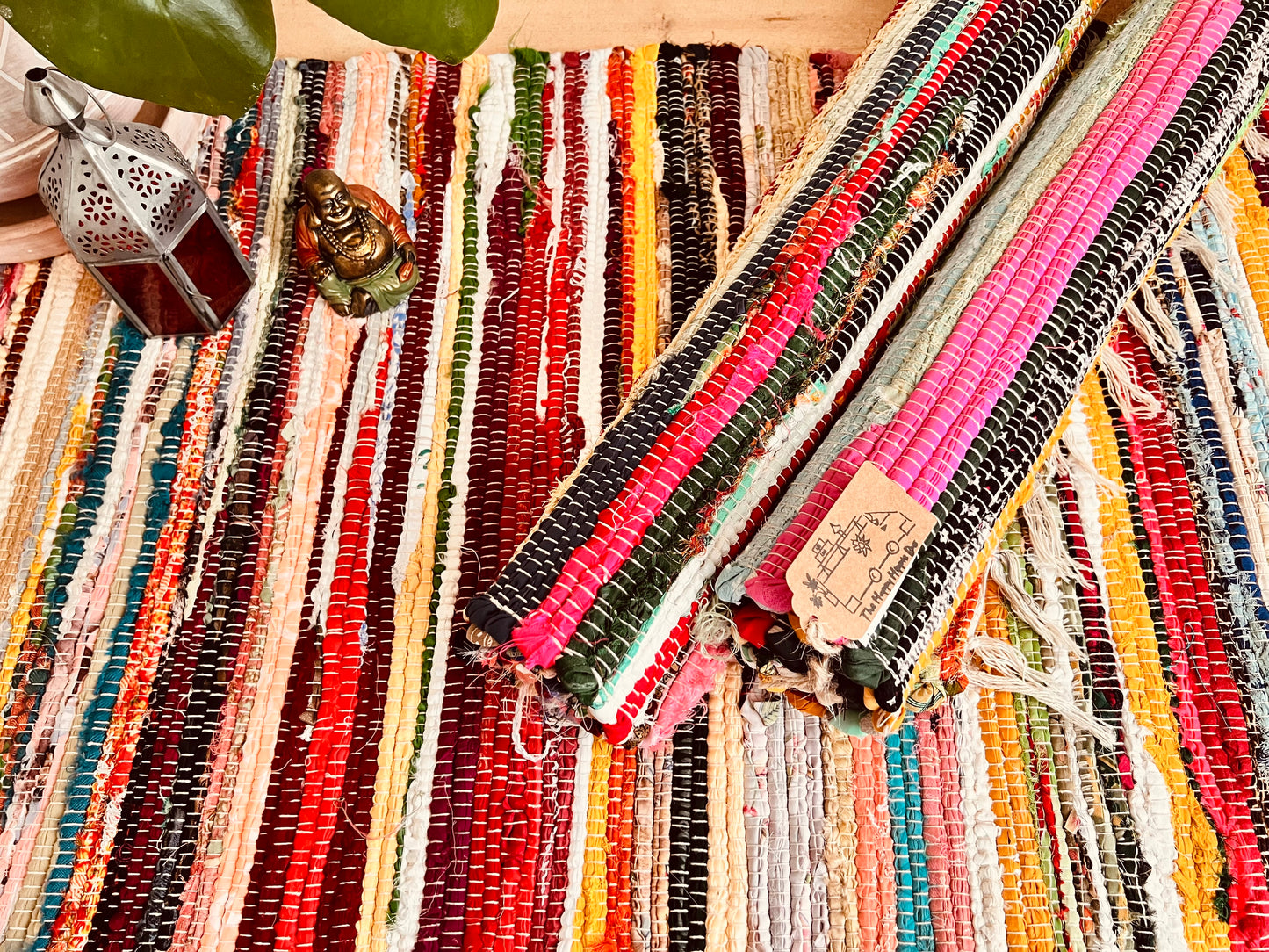 Handmade fair trade small multicoloured upcycled boho rag rug 