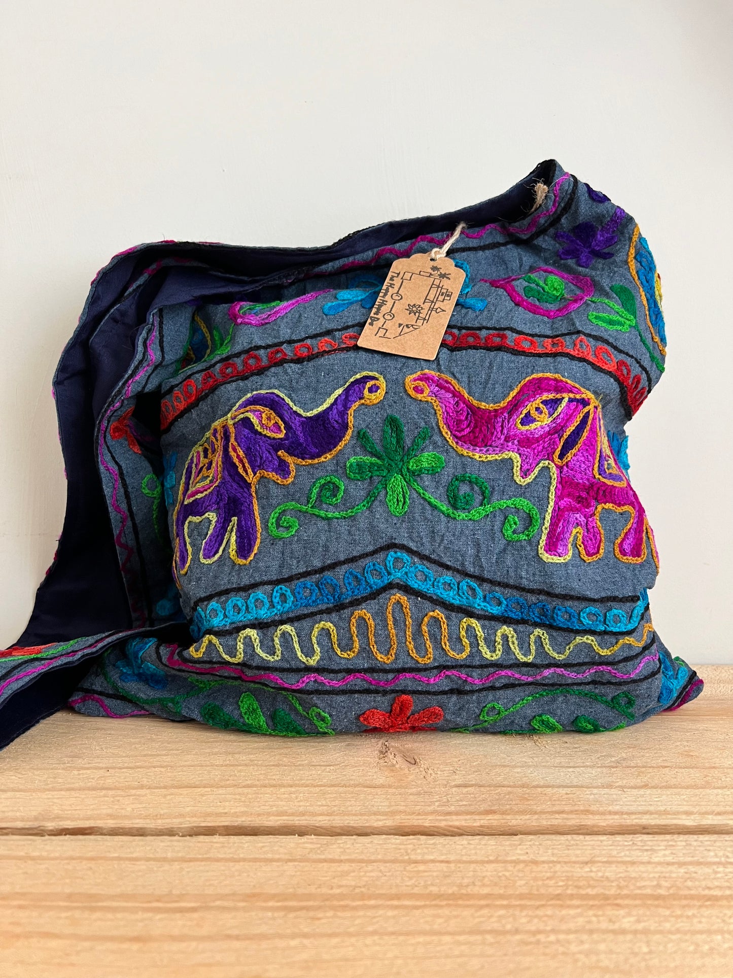 Handmade Fair Trade Elephant Embroidered Shoulder Bag Hippie Bohemian Bag Blue