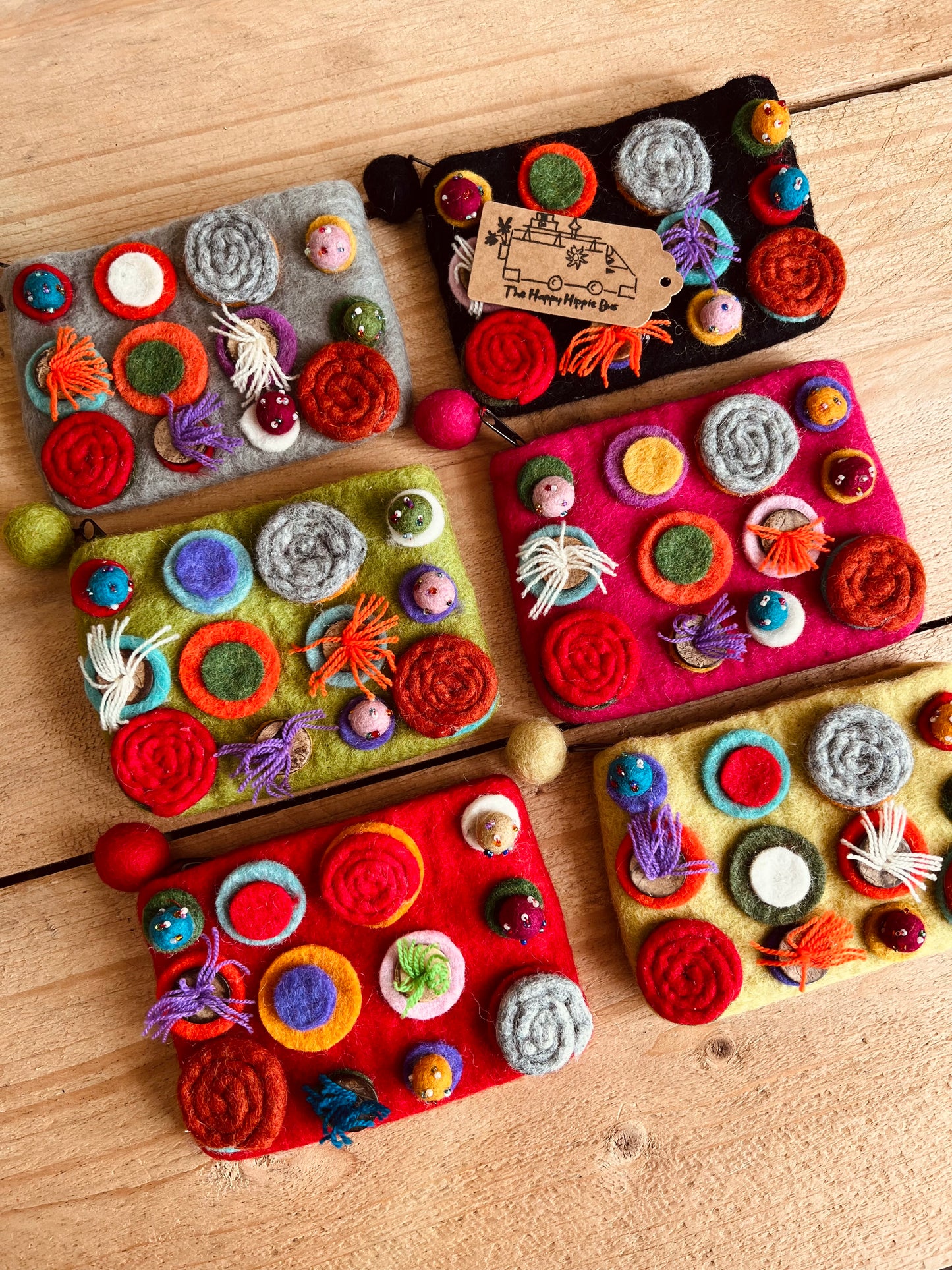 Handmade Fair Trade Ethically Sourced Bohemian Hippie Coin Purse Wallet Made From Wool Felt With Pom Poms & Zip Closure