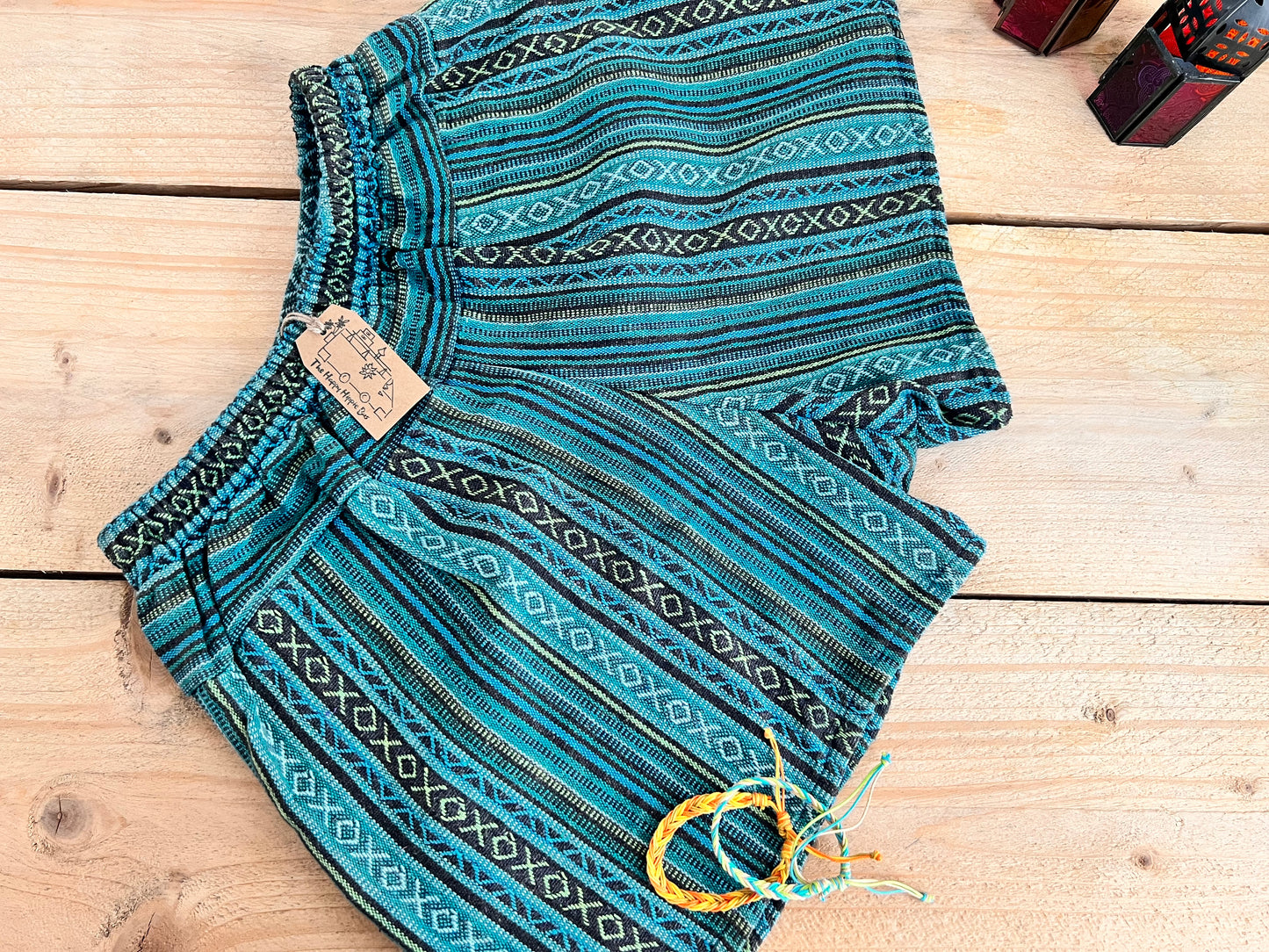 women’s summer boho hippie shorts, blue turquoise striped casual relaxed fit shorts with half elasticated waist, recycled handmade cotton fabric shorts with striped bohemian hippie design, fair trade and ethical
