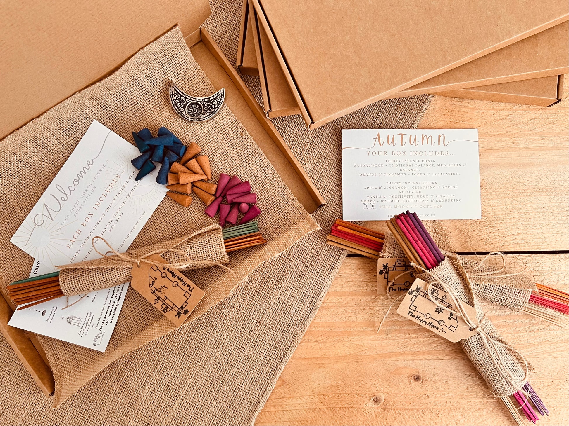 Monthly incense subscription box featuring hand-rolled incense sticks and cones, delivered with calming fragrances for meditation, relaxation, and home aromatherapy