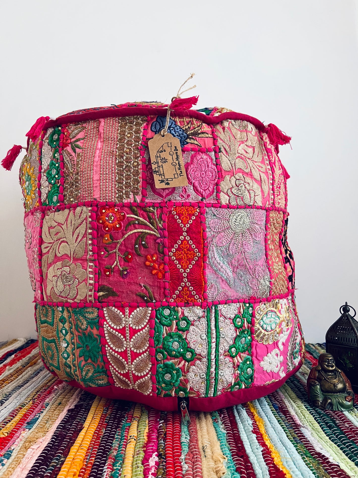 Handmade Fair Trade Recycled Patchwork Pink Footstool Pouffe Bohemian Hippie