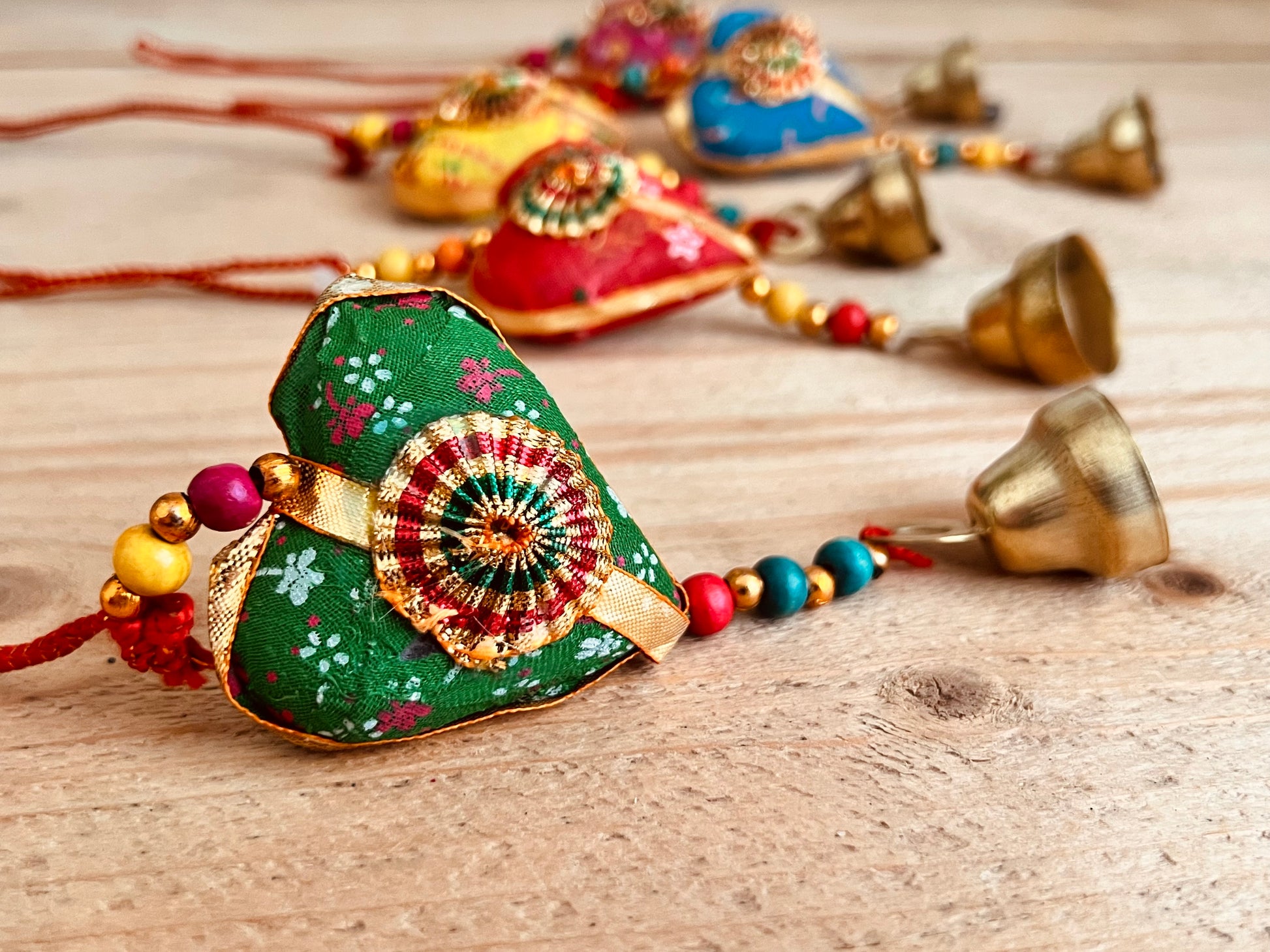 Handmade & Fair Trade Fabric Heart Bell In Recycled Sari Material Hippie Bohemian Decor