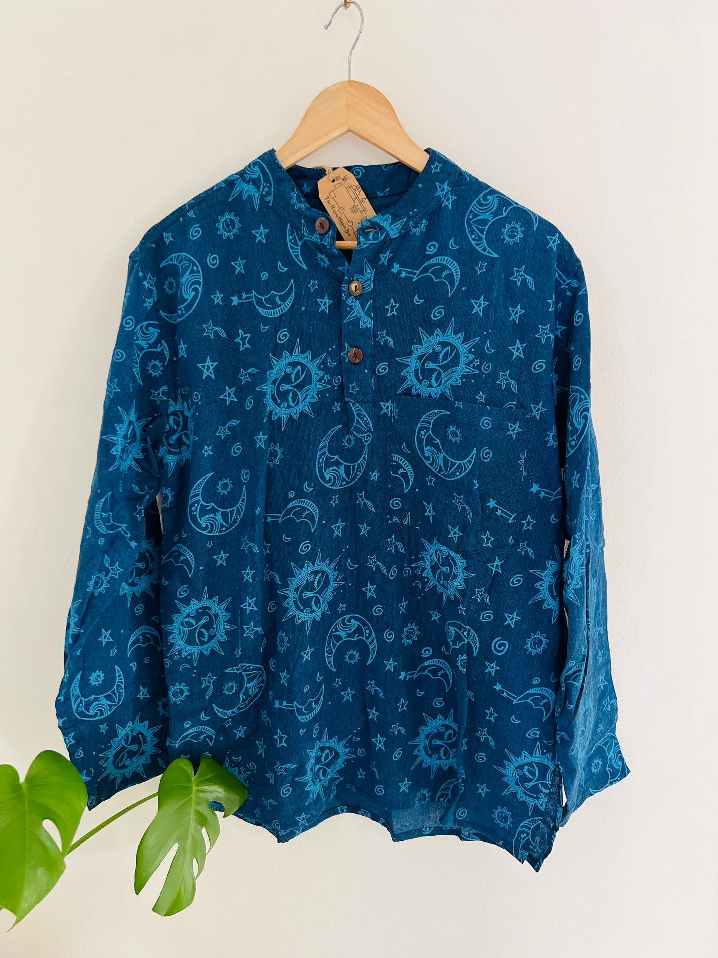 Blue moon sun celestial grandad collar button shirt Handmade fair trade ethically sourced ethical clothing long sleeve shirt 