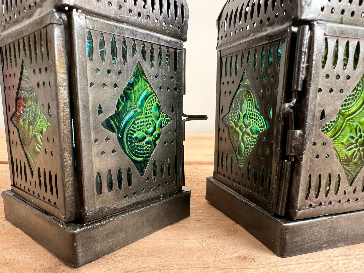 Handmade Fair Trade Small Silver Moroccan Style Lantern T Light Holder With Green & Blue Glass