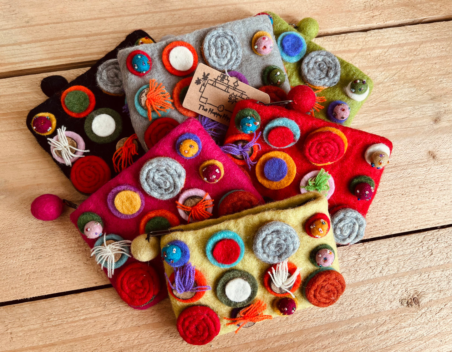 Handmade Fair Trade Ethically Sourced Bohemian Hippie Coin Purse Wallet Made From Wool Felt With Pom Poms & Zip Closure