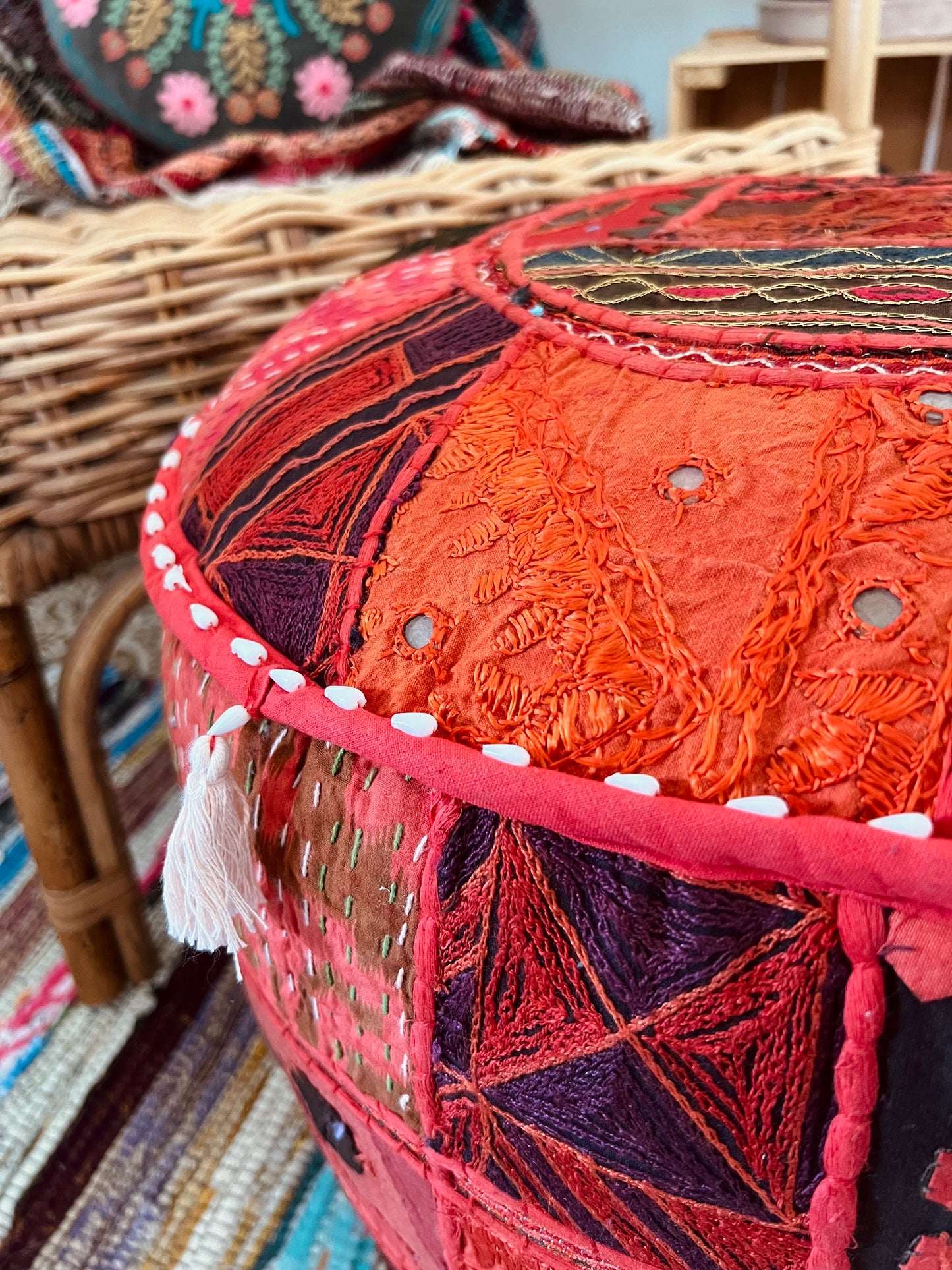Scarlet Red Patchwork Indian Bohemian Pouffe