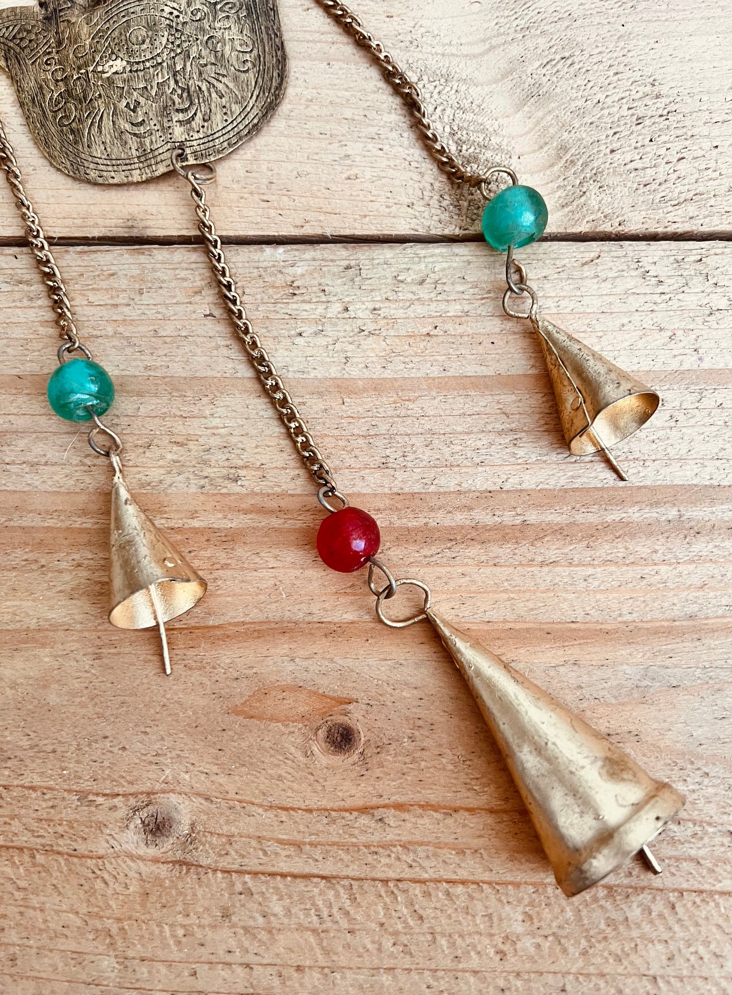 Hamsa Hand of Fatima rustic gold Indian bells with colourful beads indoor wind chime bells boho hippie home decor bells hanging chime bells, handmade recycled fair trade ethically sourced boho hippie home decor bells
