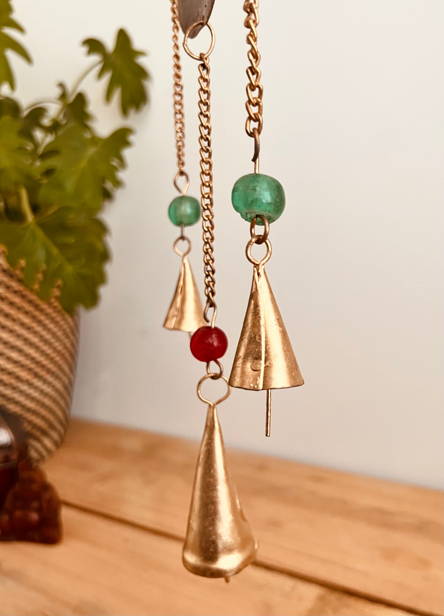 Hamsa Hand of Fatima rustic gold Indian bells with colourful beads indoor wind chime bells boho hippie home decor bells hanging chime bells, handmade recycled fair trade ethically sourced boho hippie home decor bells