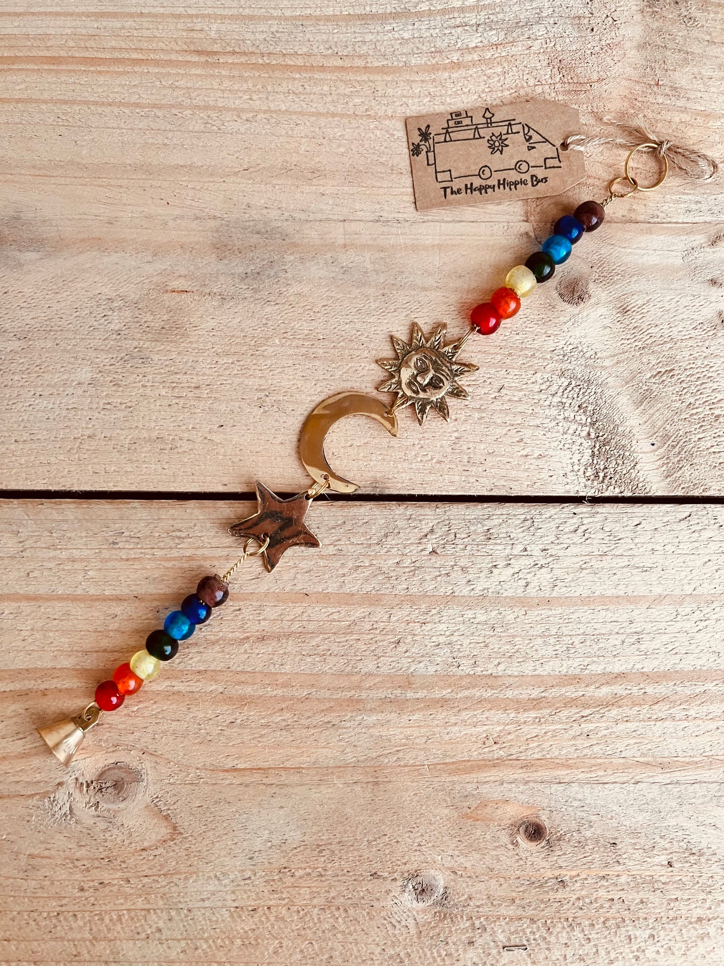 Handmade Fair Trade Ethically Sourced Recycled Brass Bohemian Hippie Hanging Bell Wind Chime Glass Beads