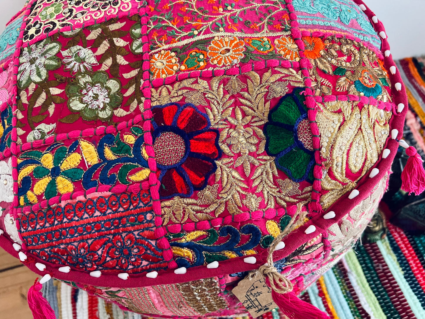 Handmade Fair Trade Recycled Patchwork Pink Footstool Pouffe Bohemian Hippie