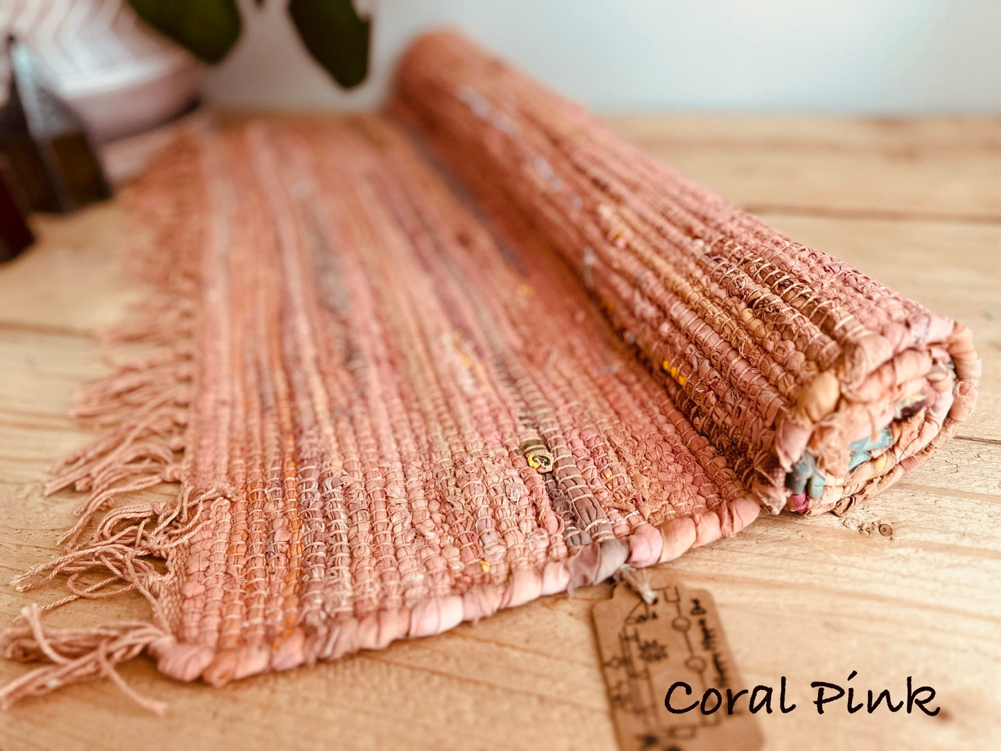 Coral Pink Colourful handmade fair trade ethical rag rug home tassel rug mixed colours recycled materials cotton rugs home living room bedroom hallway rug