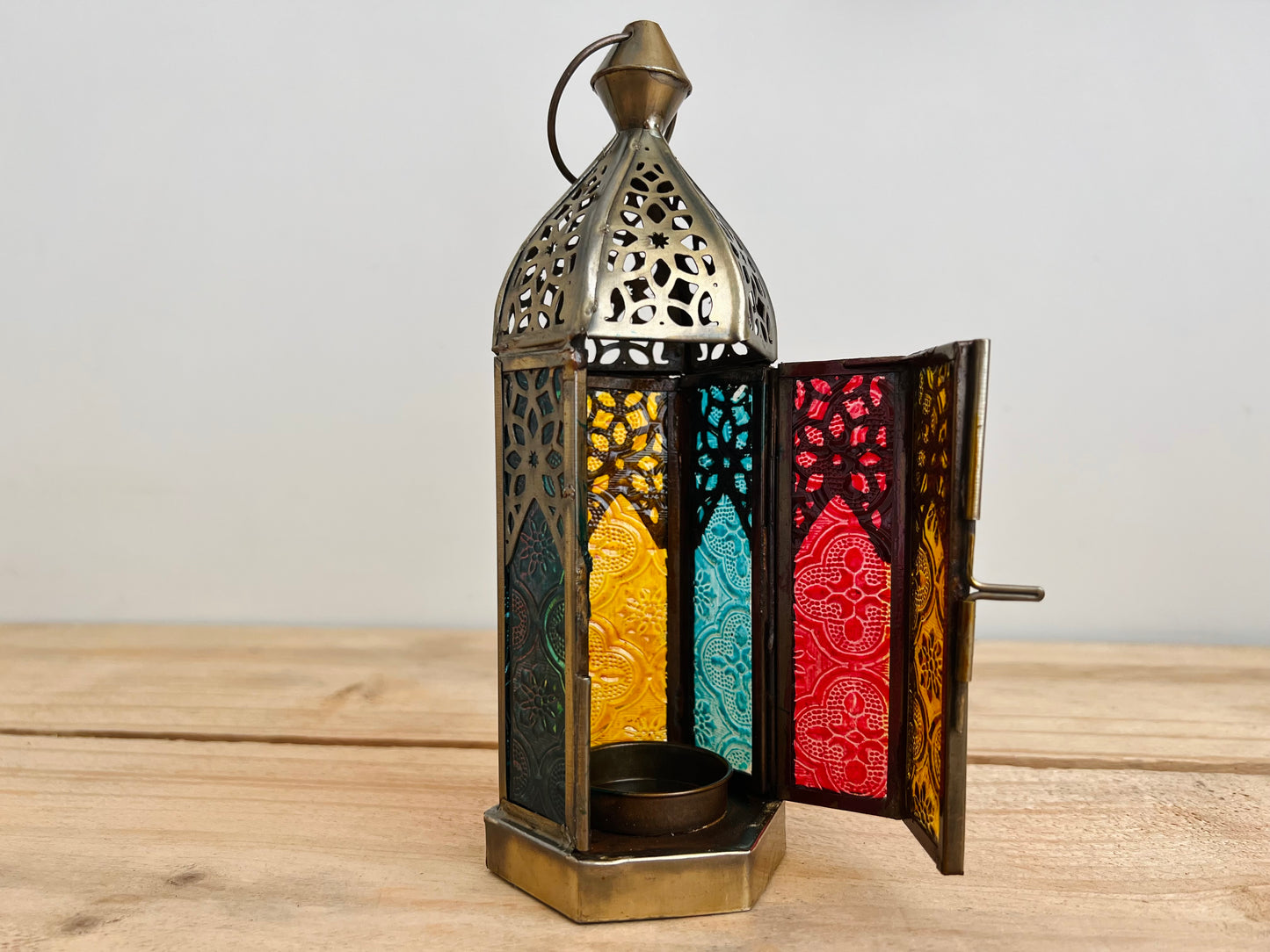 Gold Moroccan Style Tea Light Holder Lantern With Colourful Glass