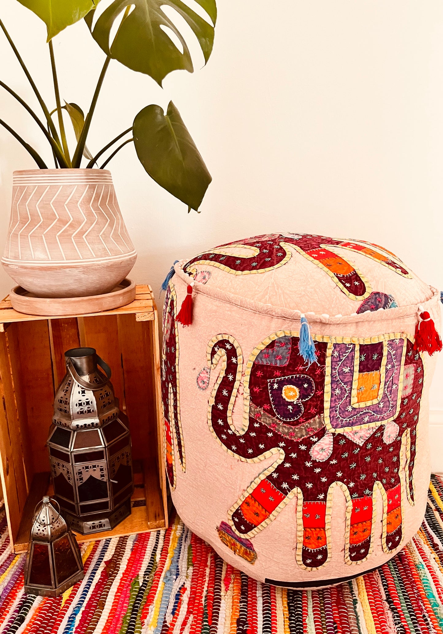 Pink Handmade Fair Trade Patchwork Elephant Pouffe Footstool Bohemian Hippie Floor Seat