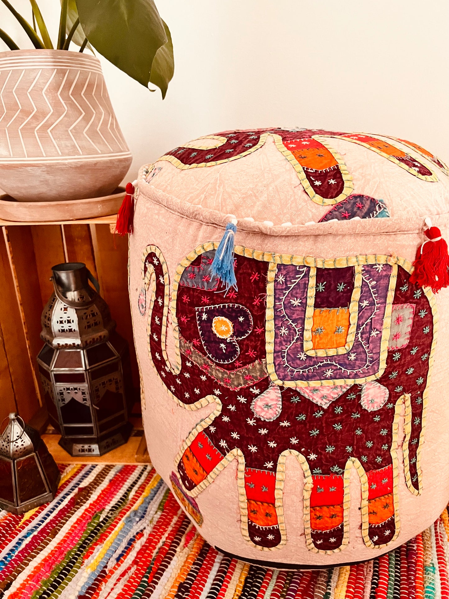 Vintage Chic Elephant Embroidered Footstool Pouffe - Dusky Pink