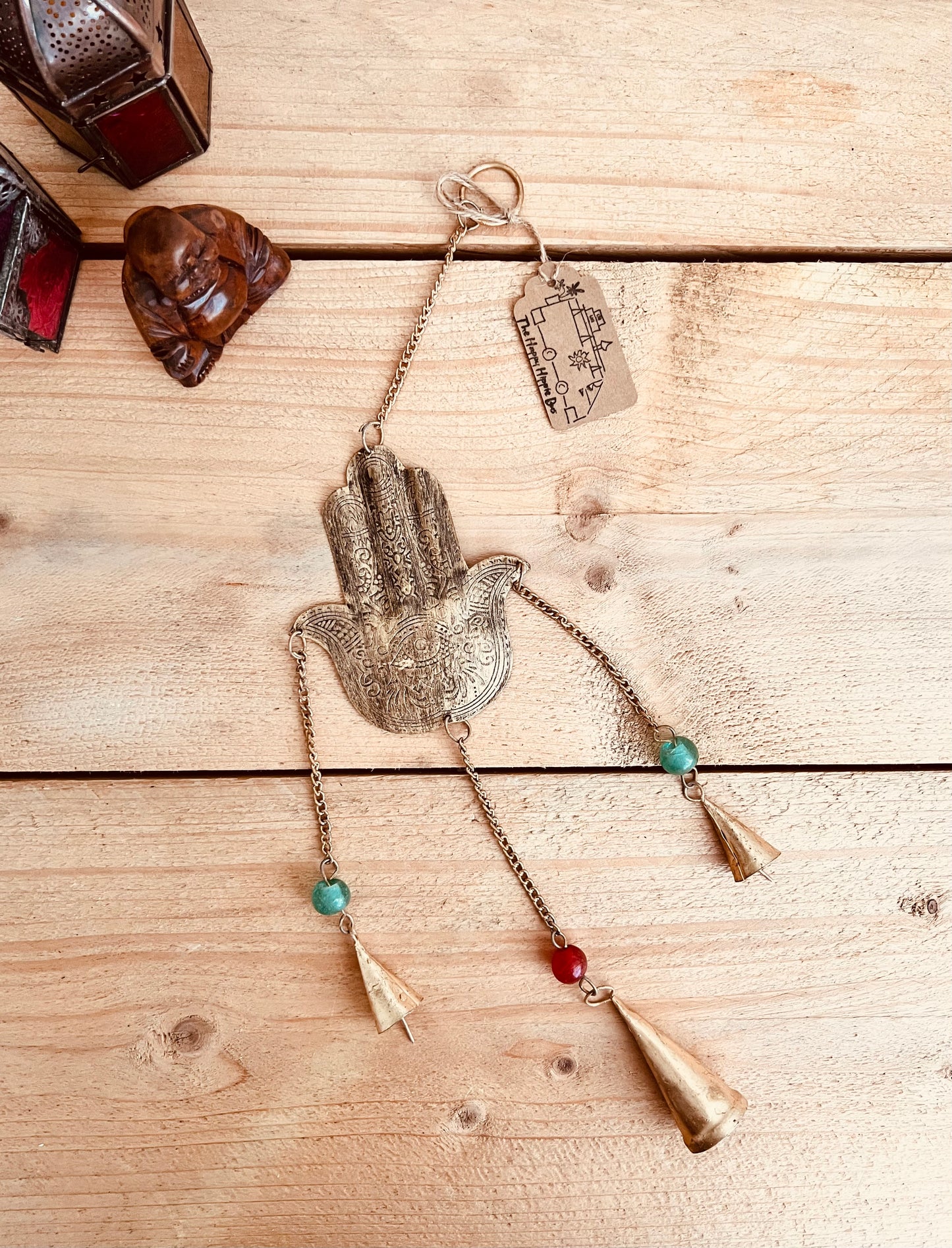 Hamsa Hand of Fatima rustic gold Indian bells with colourful beads indoor wind chime bells boho hippie home decor bells hanging chime bells, handmade recycled fair trade ethically sourced boho hippie home decor bells