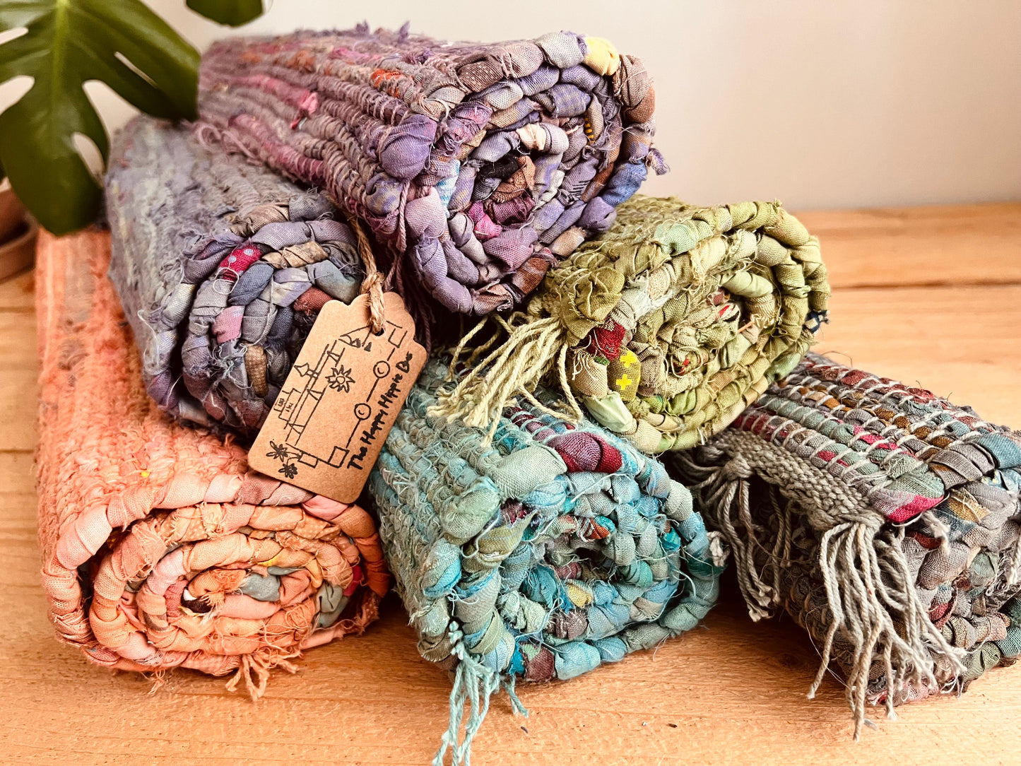 Colourful handmade fair trade ethical rag rug home tassel rug mixed colours recycled materials cotton rugs home living room bedroom hallway rug