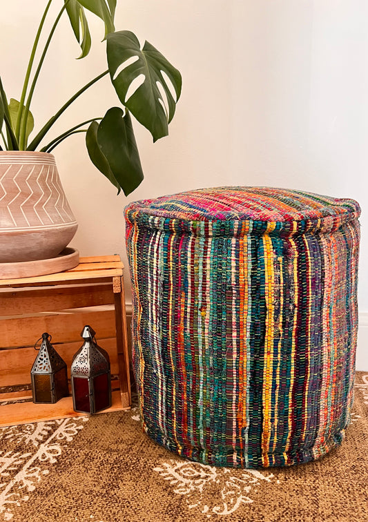 Fair trade handmade recycled rag rug footstool pouffe