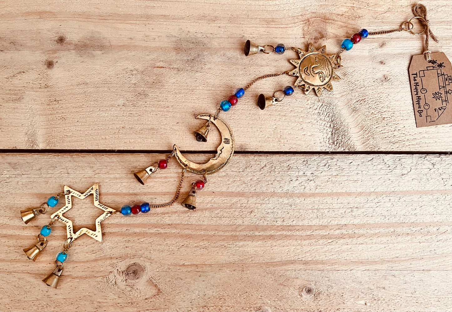 Brass Sun Crescent Moon star bells windchime wind chime recycled eco brass Indian bells fair trade handmade