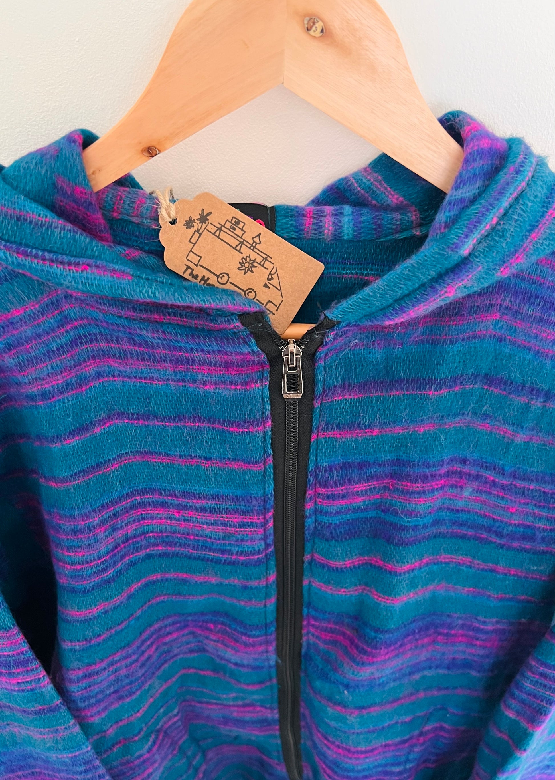 Fair trade handmade boho hippie hooded top sweater purple blue stripe