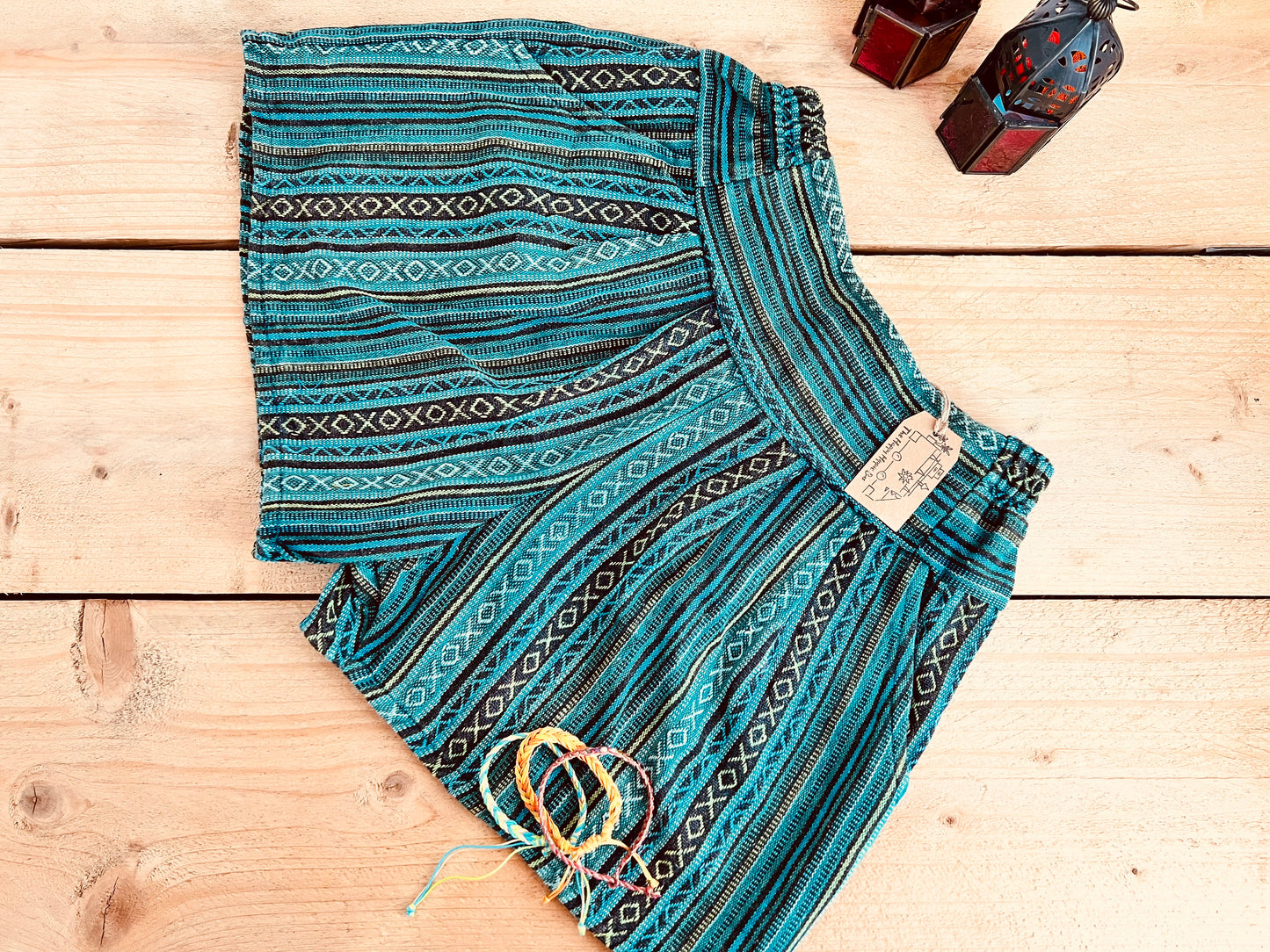 women’s summer boho hippie shorts, blue turquoise striped casual relaxed fit shorts with half elasticated waist, recycled handmade cotton fabric shorts with striped bohemian hippie design, fair trade and ethical