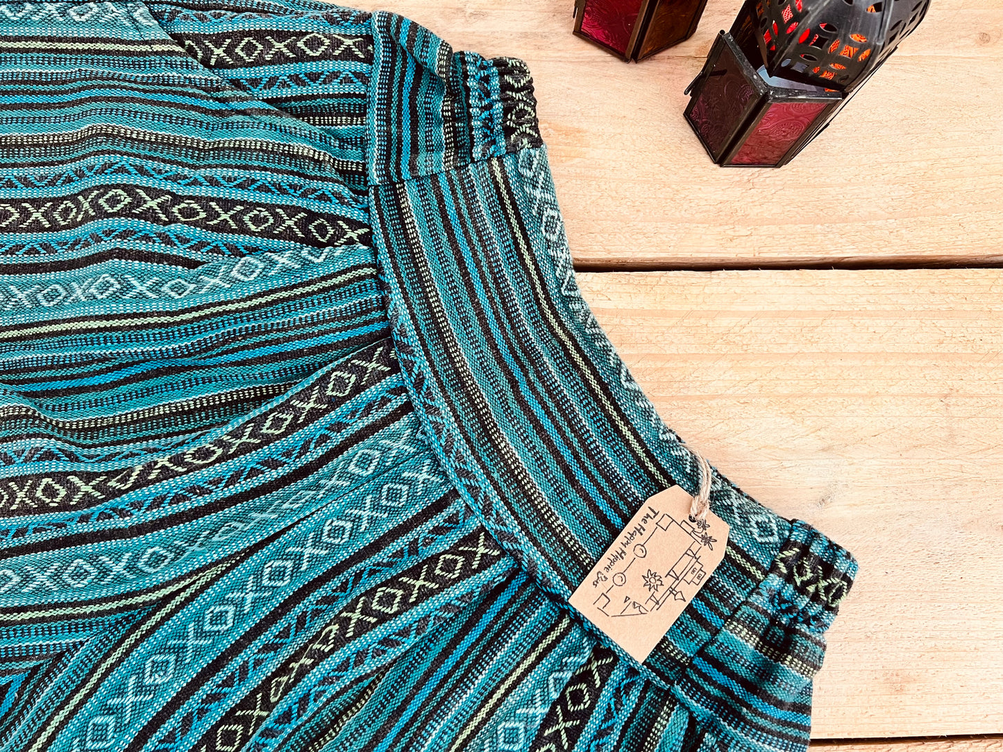 women’s summer boho hippie shorts, blue turquoise striped casual relaxed fit shorts with half elasticated waist, recycled handmade cotton fabric shorts with striped bohemian hippie design, fair trade and ethical