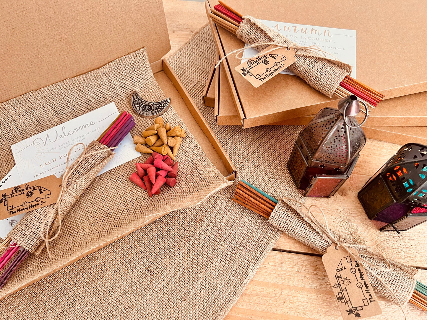 Handmade incense sticks and cones from a monthly subscription box, crafted for relaxation, meditation, and soothing home fragrance
