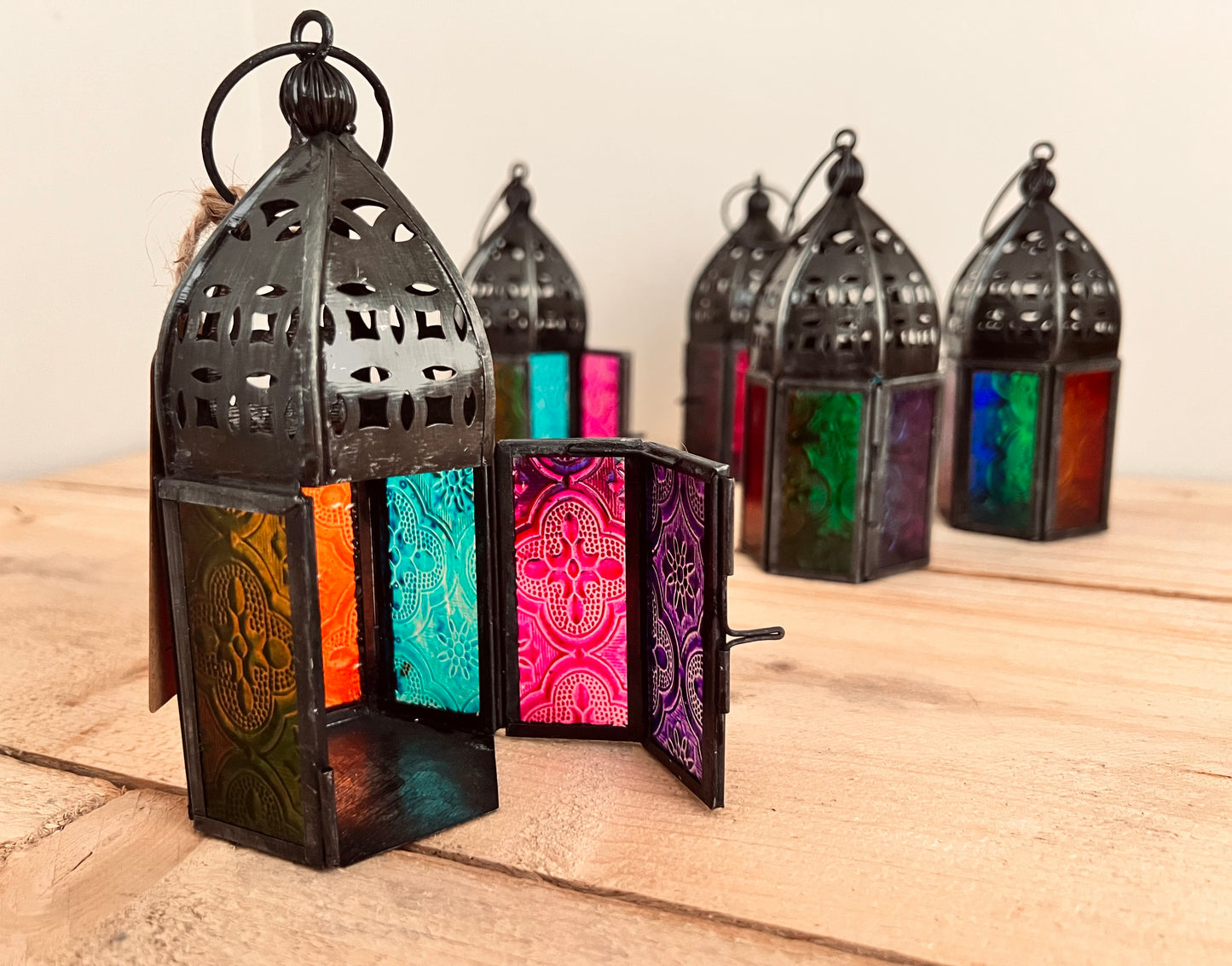 Handmade Fair Trade Moroccan Style Lantern with Multi Coloured Glass Bohemian Hippie T Light Holder