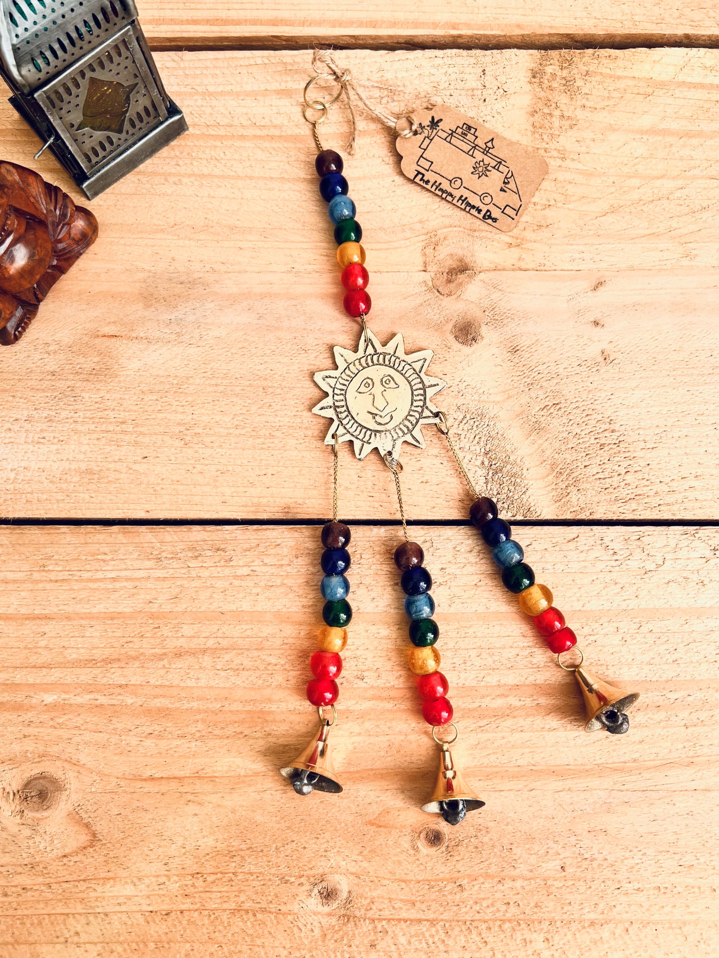 handmade mini brass sun sunshine bells, smiling sun boho hippie colourful wind chime bells, fair trade, ethical, hanging mini recycled brass bell chime