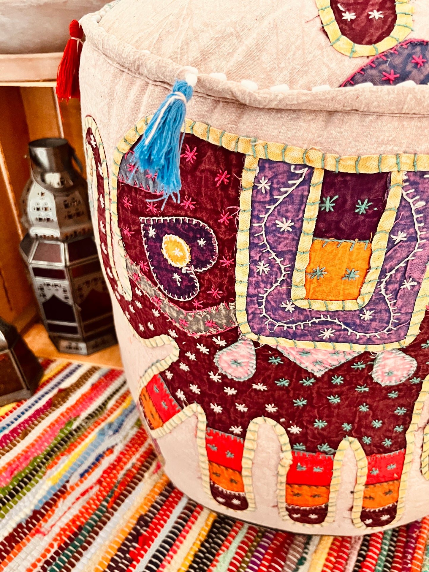 Pink Handmade Fair Trade Patchwork Elephant Pouffe Footstool Bohemian Hippie Floor Seat Pink