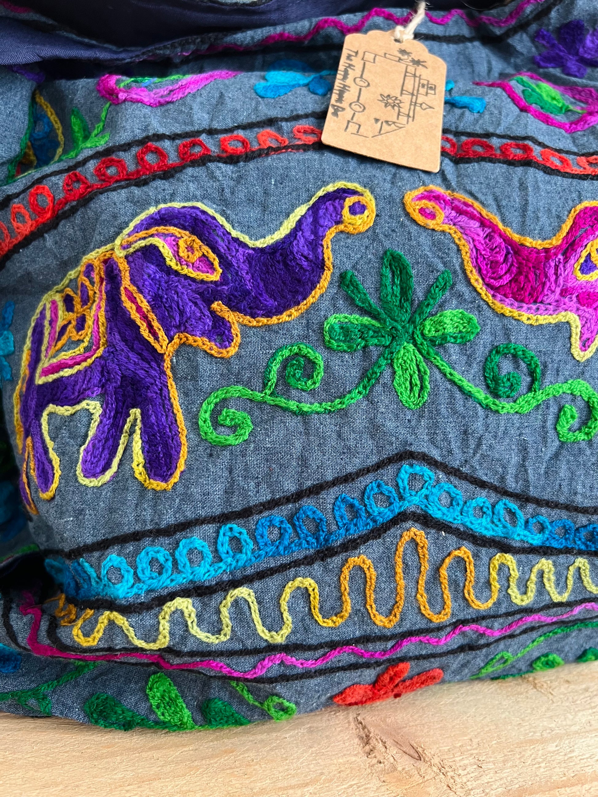 Handmade Fair Trade Elephant Embroidered Shoulder Bag Hippie Bohemian Bag Blue