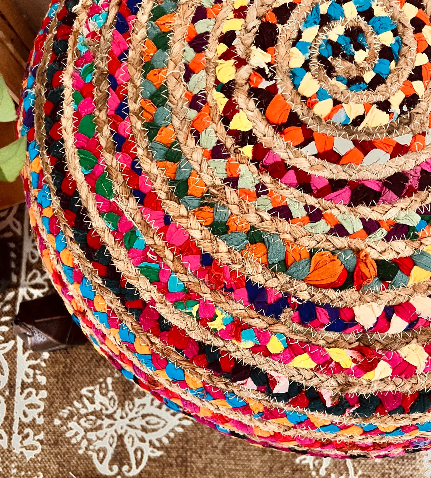 Handmade fair trade ethically sourced round jute Indian chindi cotton footstool pouffe rainbow multicoloured large pouf