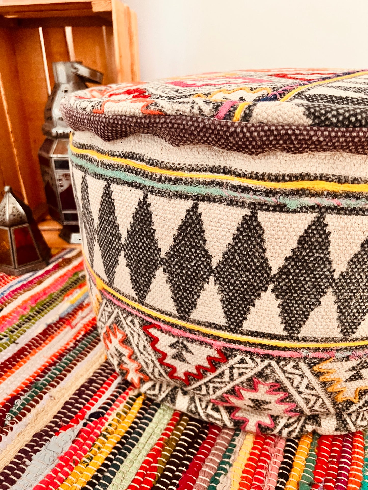 handmade large round footstool pouffe in tribal boho design fair trade and ethically sourced