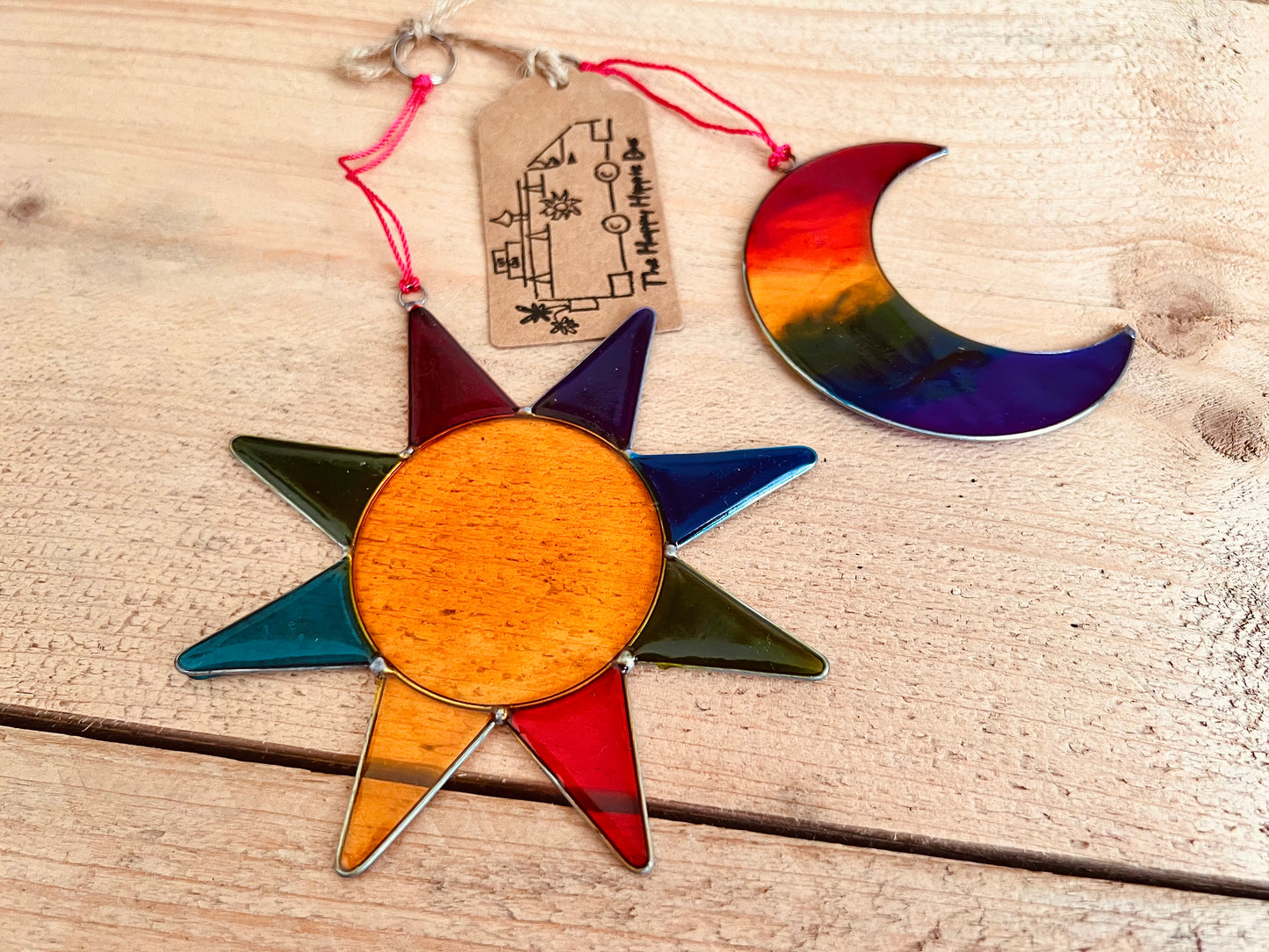 Mini resin stained glass sun and moon set of two sun catchers, boho hippie rainbow colour window decor, handmade, fair trade, ethically sourced home