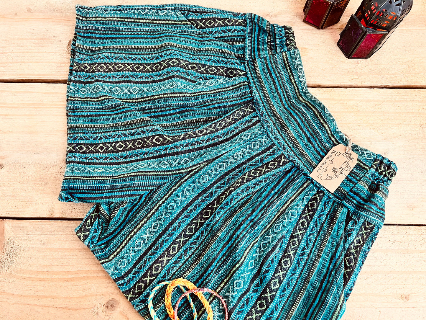 women’s summer boho hippie shorts, blue turquoise striped casual relaxed fit shorts with half elasticated waist, recycled handmade cotton fabric shorts with striped bohemian hippie design, fair trade and ethical