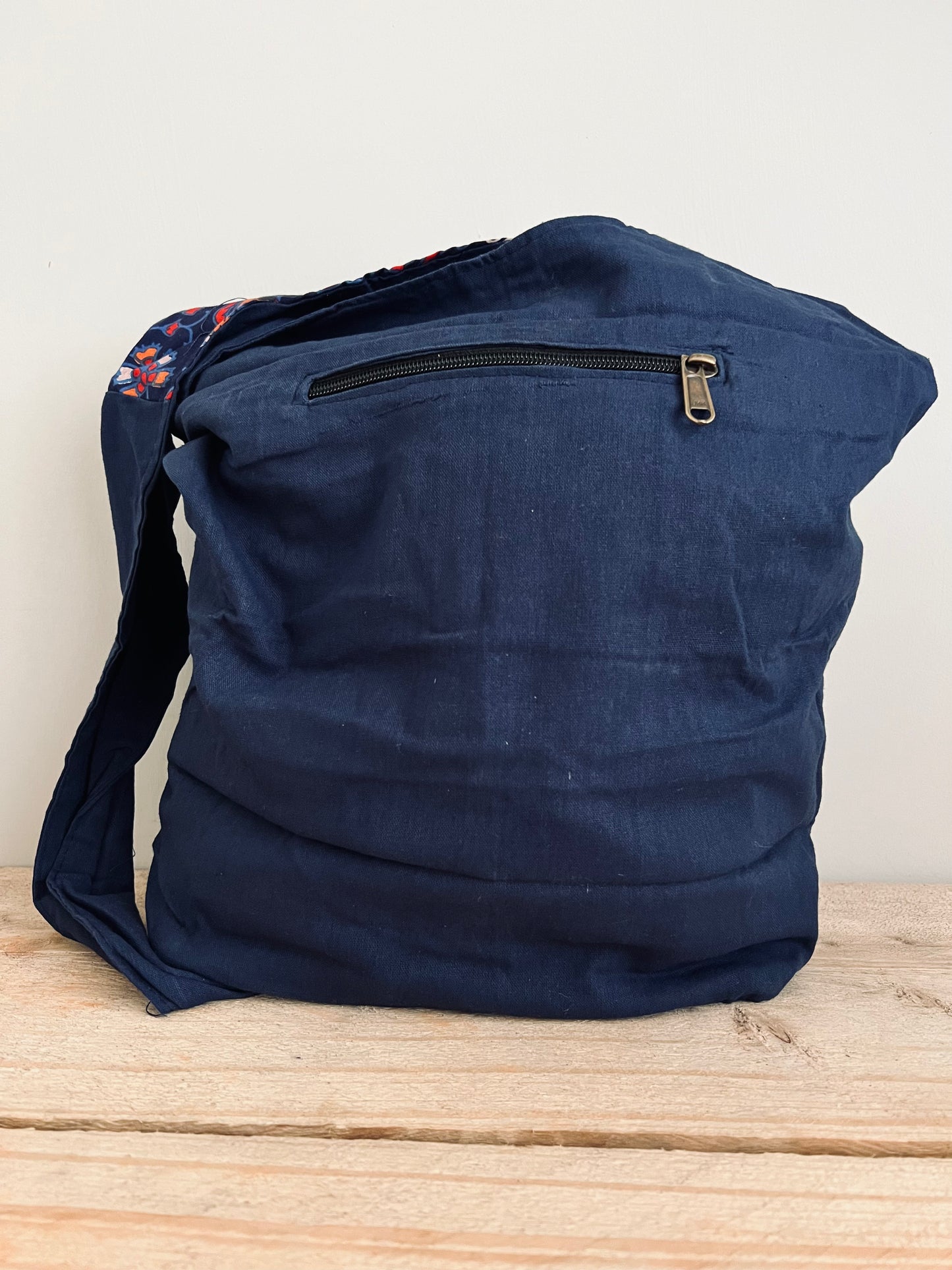 Handmade Fair Trade Peacock Print Shoulder Bag Navy Blue & Purple