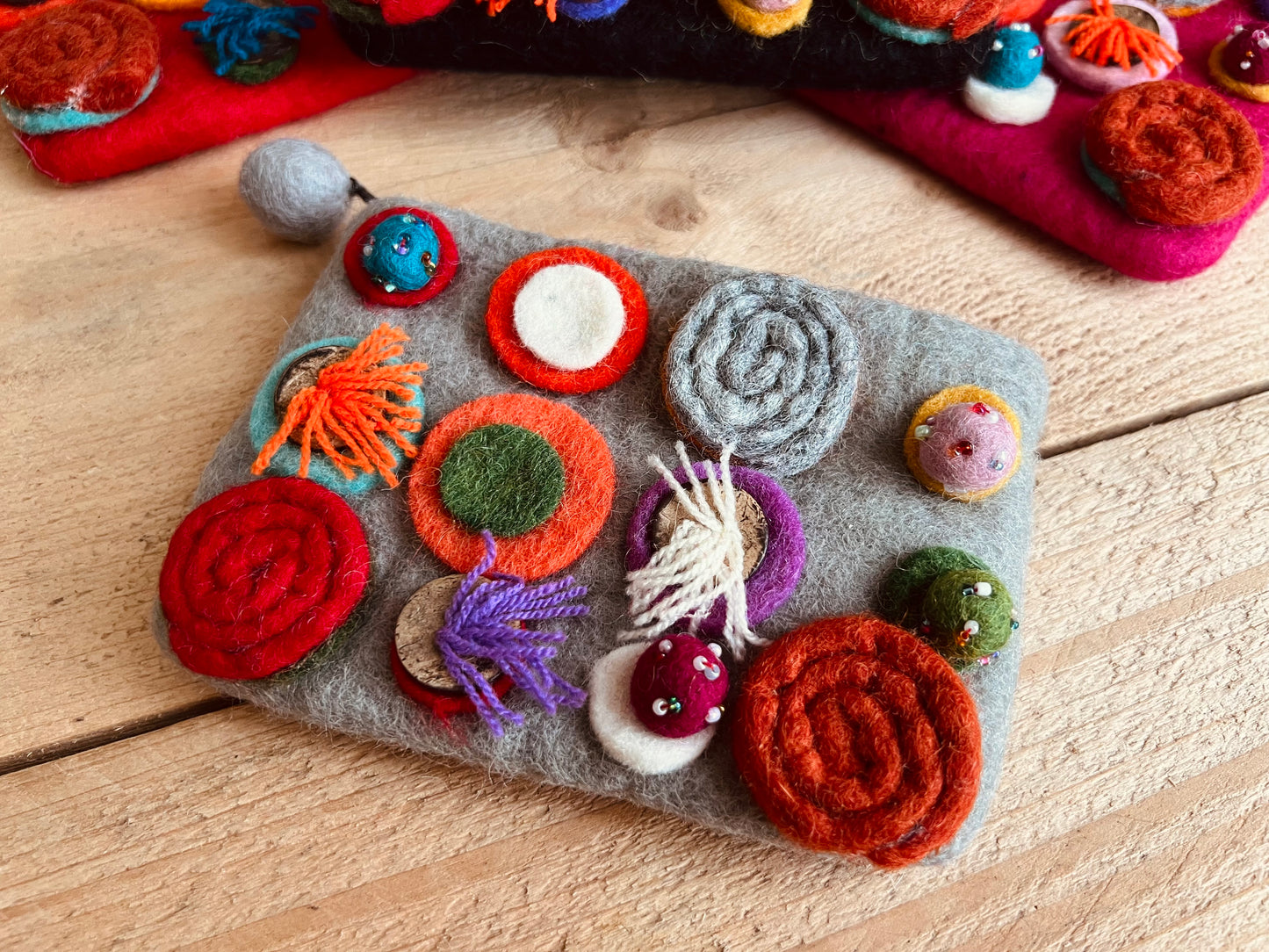 Handmade Fair Trade Ethically Sourced Bohemian Hippie Coin Purse Wallet Made From Wool Felt With Pom Poms & Zip Closure Grey