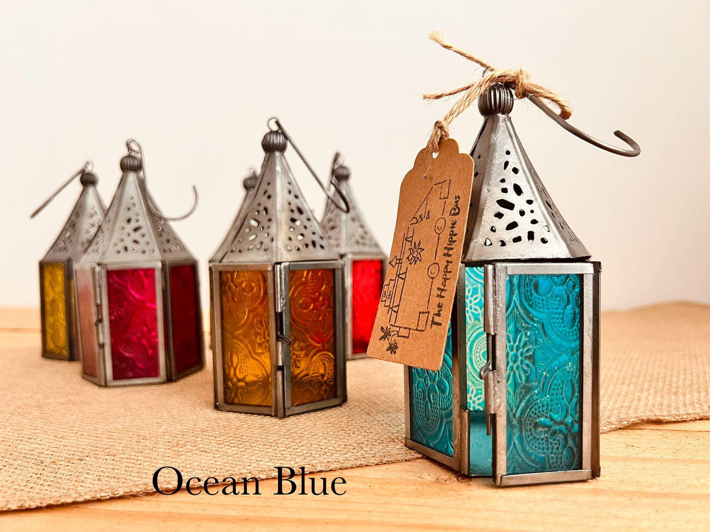 Handmade Fair Trade Ethically Sourced Recycled Metal Glads Lantern Moroccan Style T Light Holder Small Colourful Boho Hippie Decor Orange Purple Green Blue Purple Yellow Pink Red Silver Mini Lantern