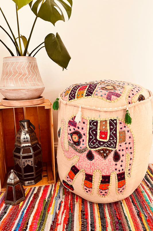 vintage chic elephant design Indian footstool pouffe