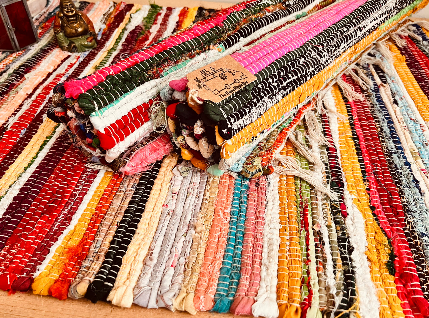 Handmade fair trade small boho tassel rag rug 