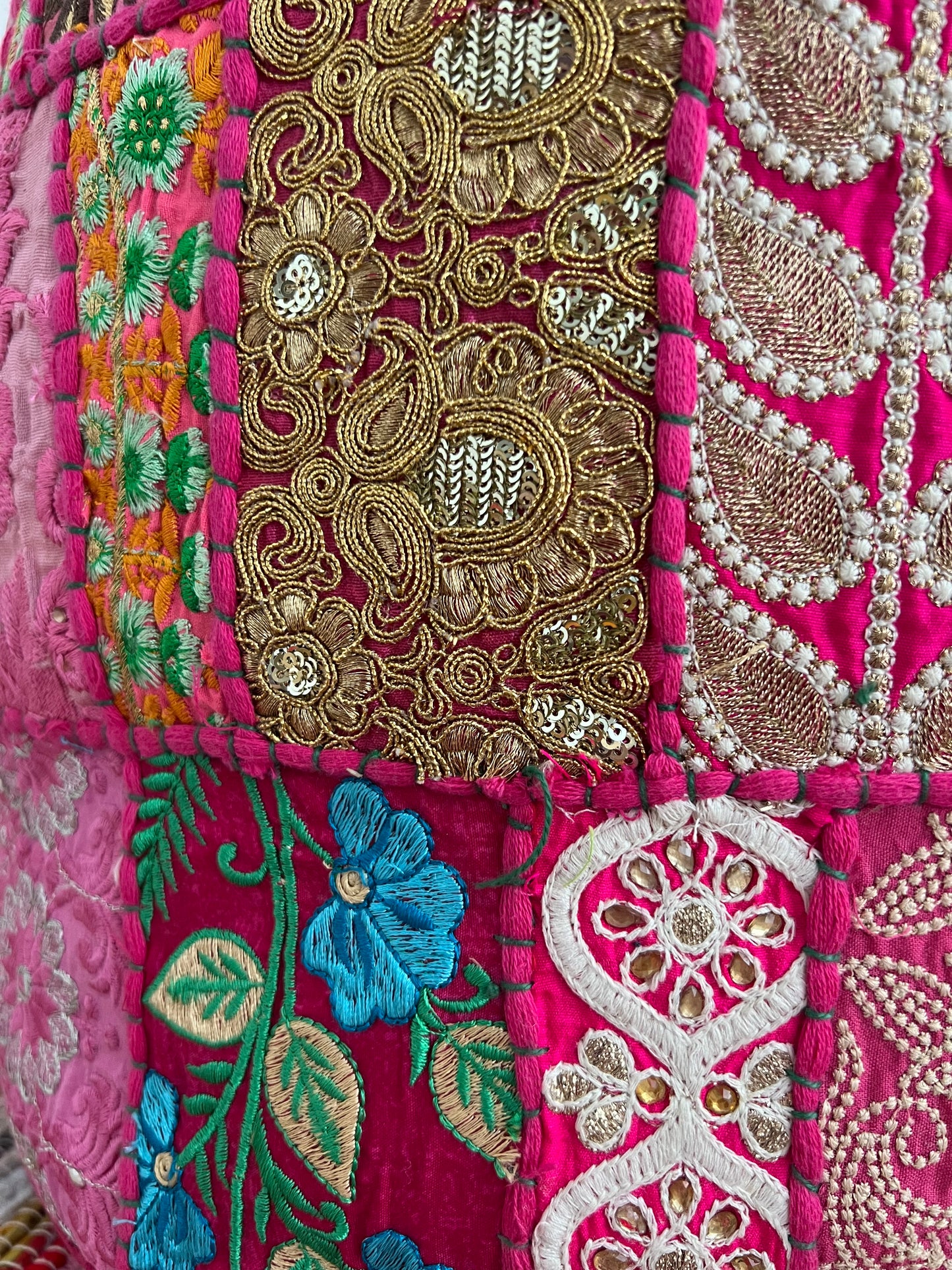 Handmade Fair Trade Recycled Patchwork Pink Footstool Pouffe Bohemian Hippie