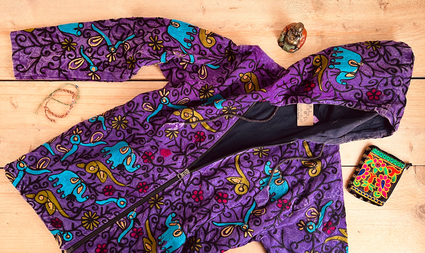 Embroidered Elephant Hooded Jacket - Purple