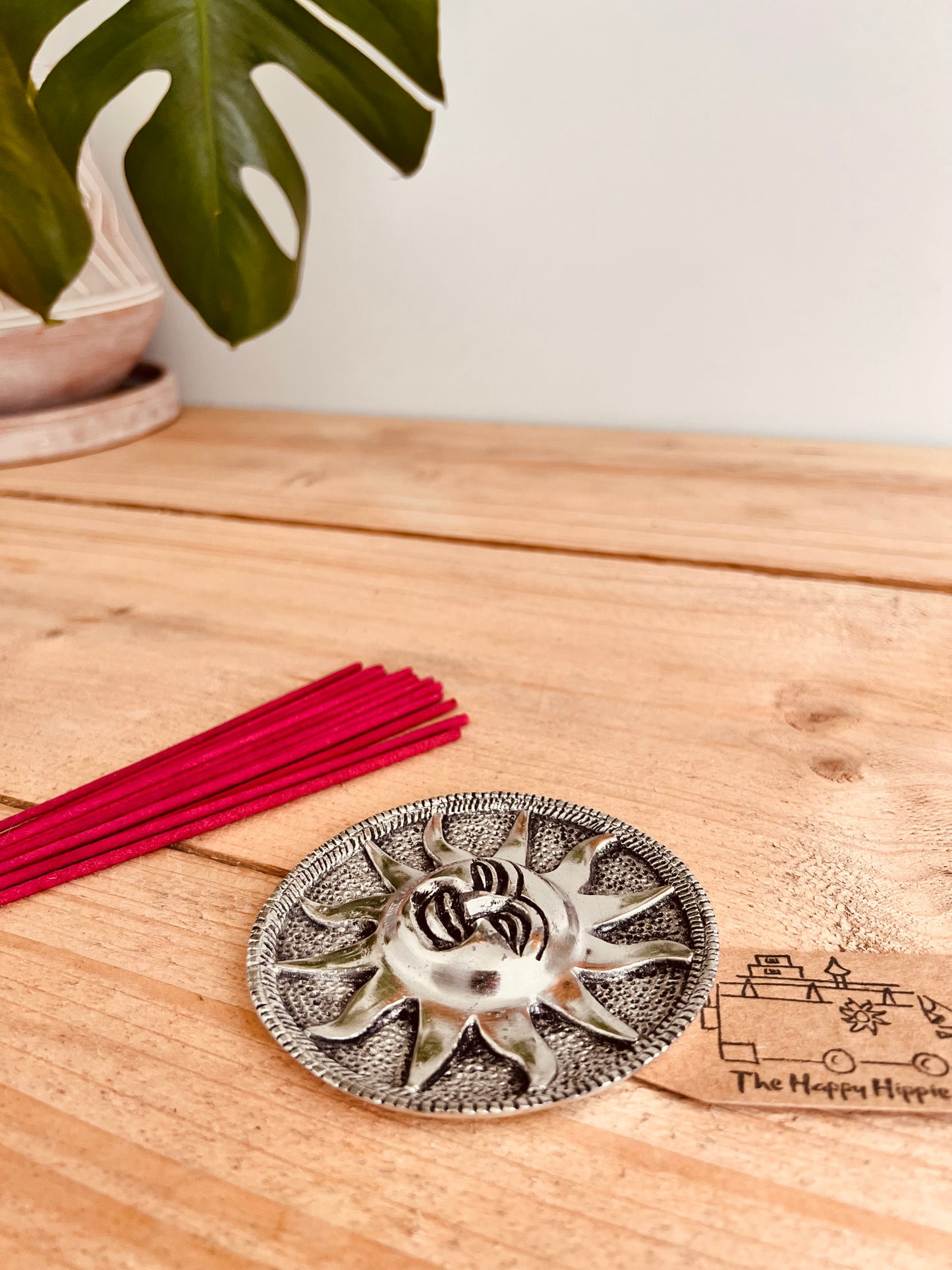 Metal Sun sunshine incense stick holder incense burner ash catcher handmade fair trade ethical recycled metal incense stick holder tray hippie boho Indian incense