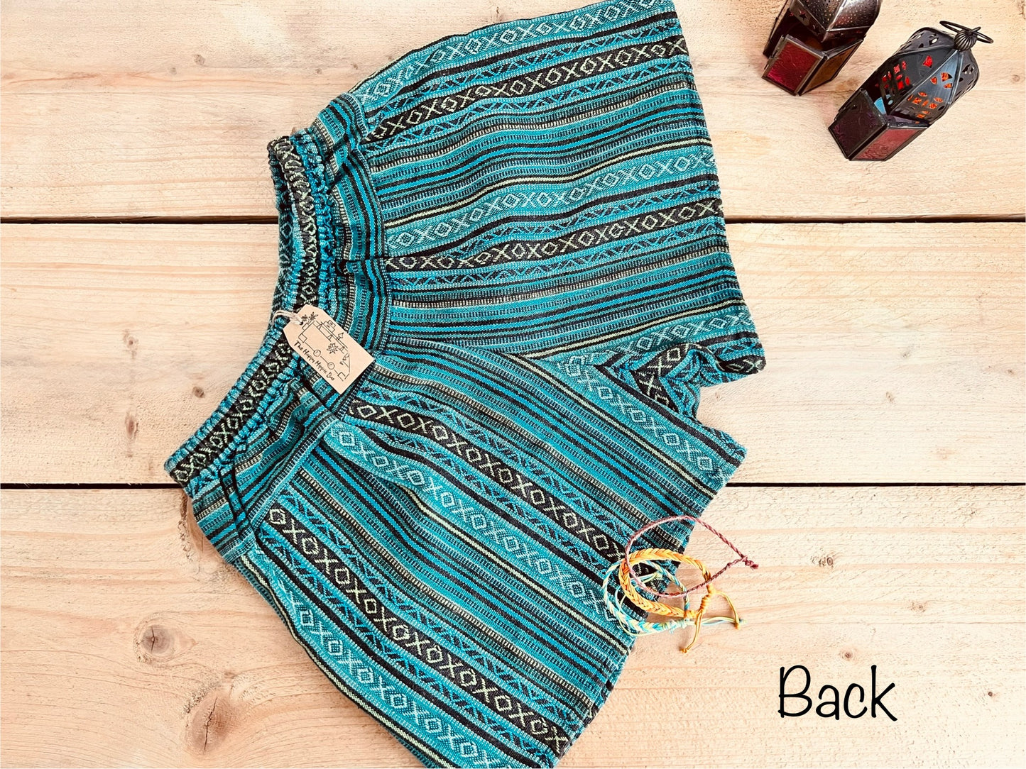 women’s summer boho hippie shorts, blue turquoise striped casual relaxed fit shorts with half elasticated waist, recycled handmade cotton fabric shorts with striped bohemian hippie design, fair trade and ethical