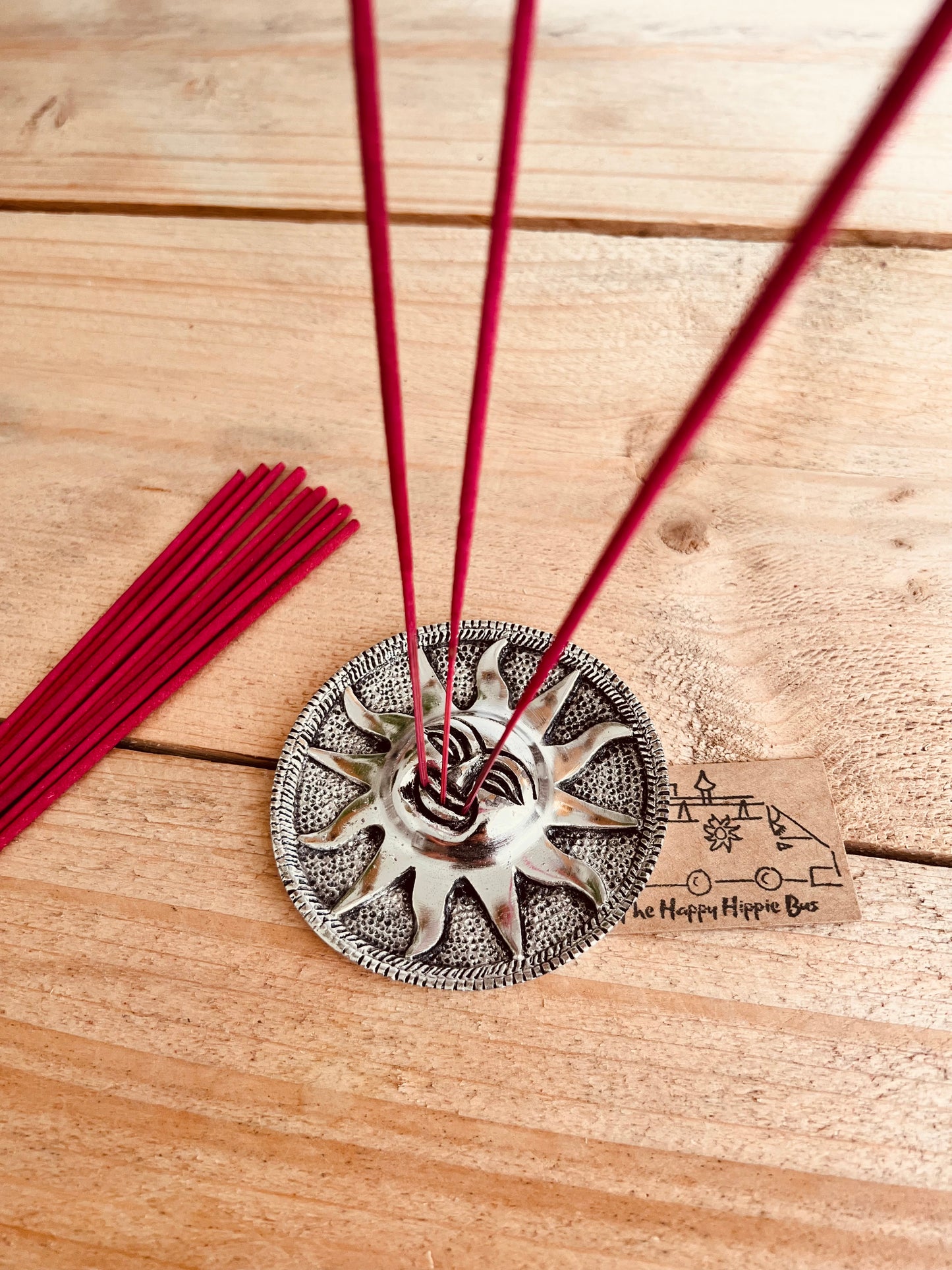 Metal Sun sunshine incense stick holder incense burner ash catcher handmade fair trade ethical recycled metal incense stick holder tray hippie boho Indian incense